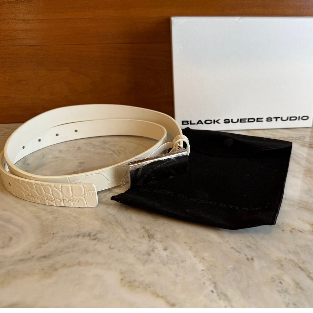 Black Suede Studio Slim Leather City Belt White Croc Silver Buckle M